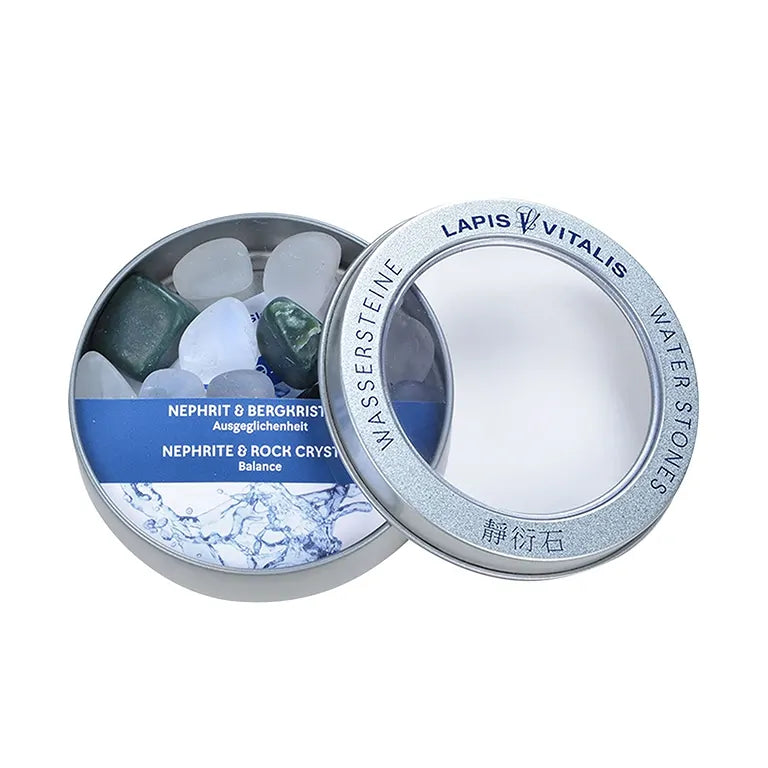 Ausgeglichenheit – Lapis-Vitalis - Nephrit & Bergkristall Wassersteine ca. 100 g in Metall-Geschenkdose