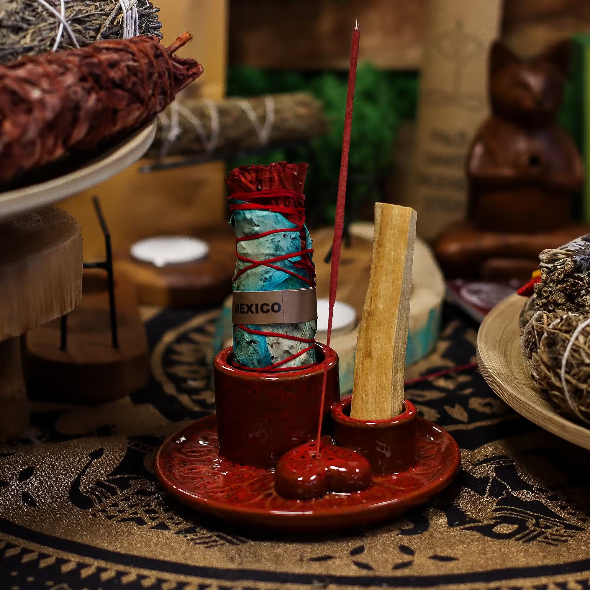 Multifunktions-Räucherschale "Herz & Mandala" für Palo Santo & Räucherbündel – Rot Glänzend (12,5 cm)