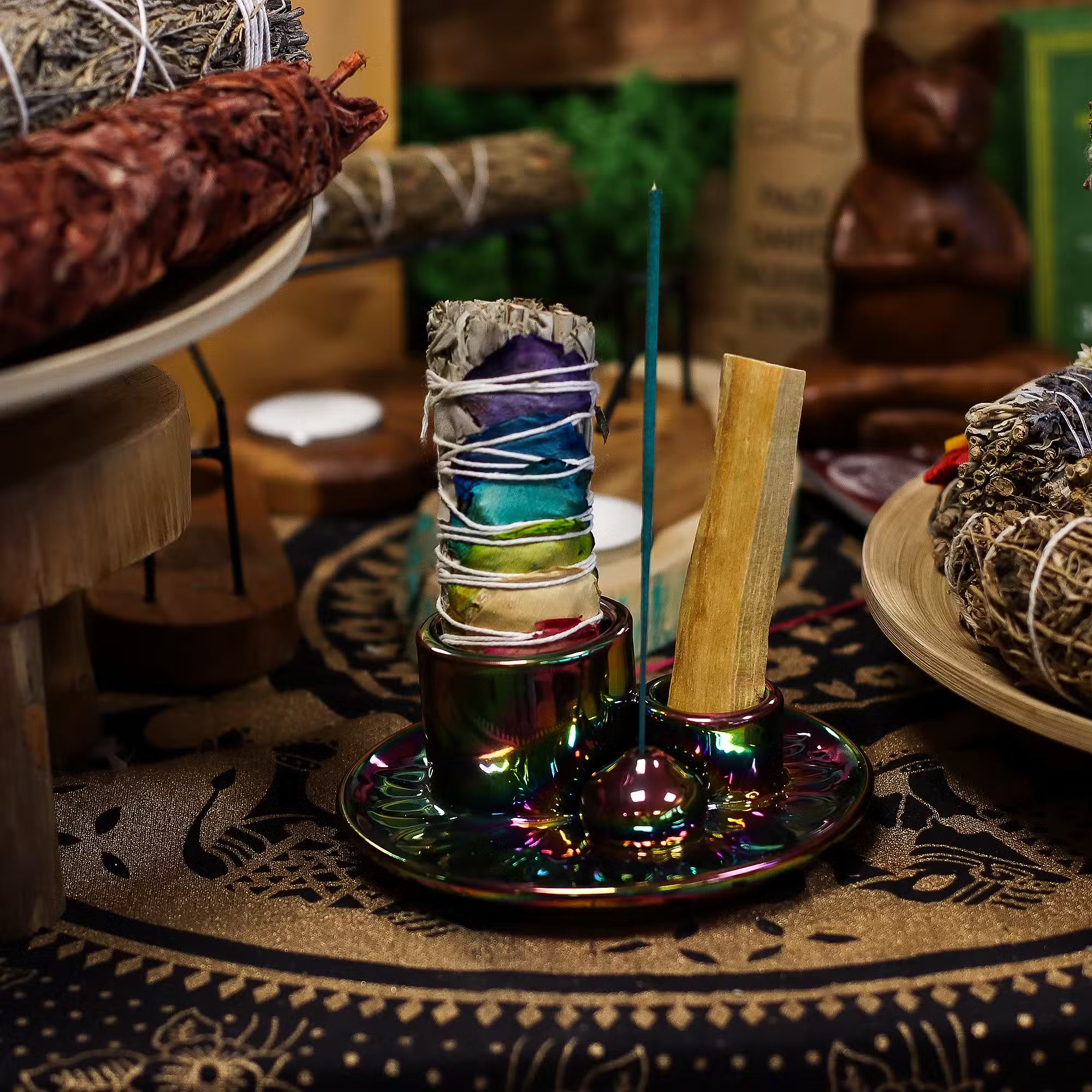 Multifunktions-Räucherschale "Mandala" für Palo Santo & Räucherbündel – Metallic Regenbogen (12,5 cm)