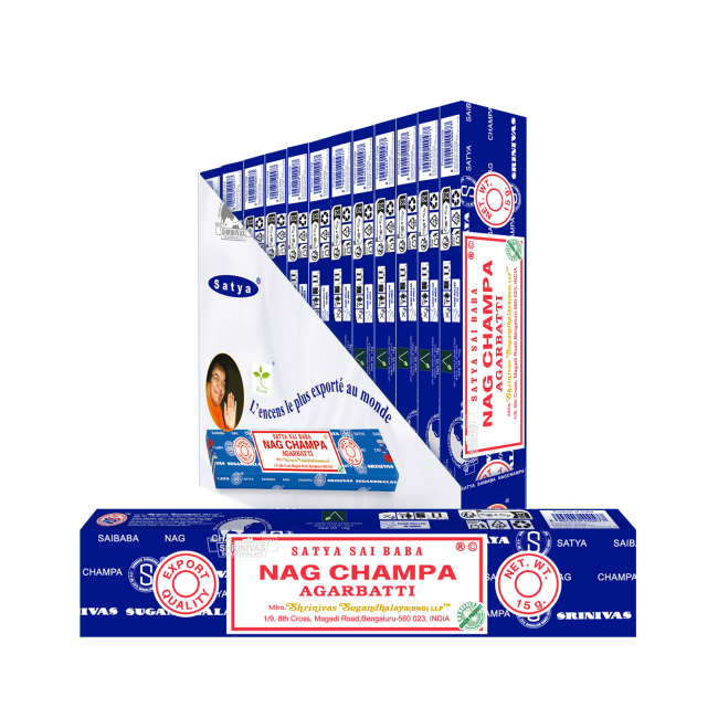 Satya - Sai Baba Nag Champa Agarbatti (2026 Edition)– Räucherstäbchen – 15 g Schachtel (ca. 12–15 Stäbchen)