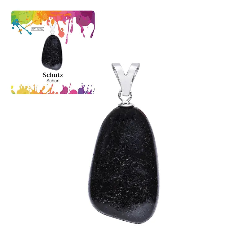 Schutz – Schwarzer Turmalin (Schörl) Trommelstein 2–3 cm mit 925er Silber-V-Öse