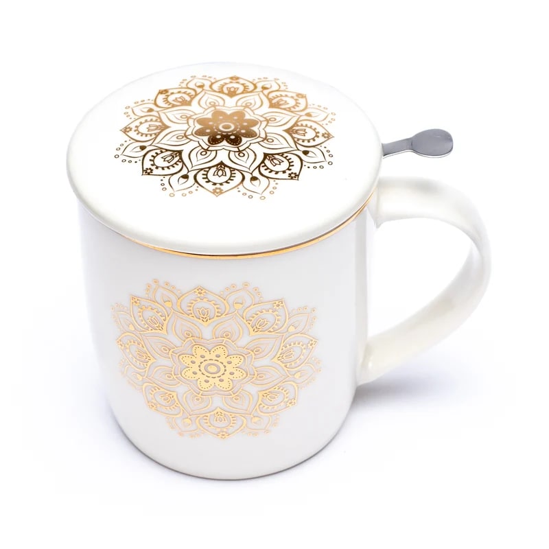 Teetasse mit Sieb & Deckel – Weißes Mandala - 400 ml