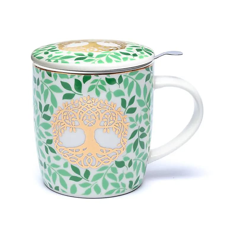 Teetasse Lebensbaum aus Bone China mit Sieb und Deckel – grün, 400 ml