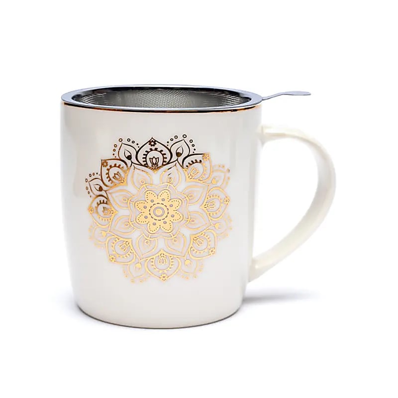 Teetasse mit Sieb & Deckel – Weißes Mandala - 400 ml