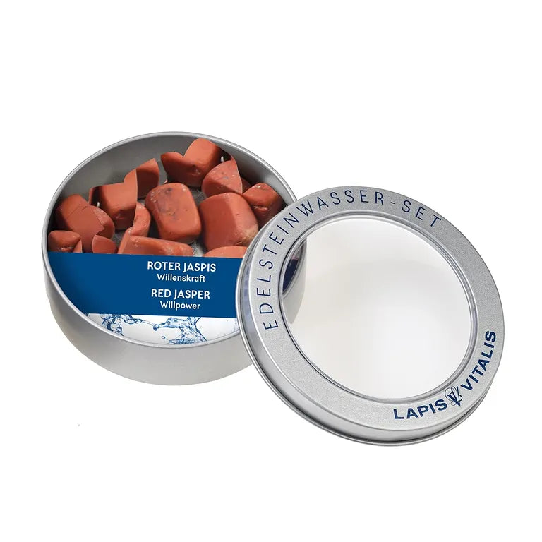 Willenskraft und Stärke – Lapis-Vitalis - Jaspis (rot) Wassersteine ca. 100 g in Metall-Geschenkdose