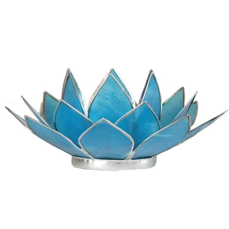Lotus Teelichthalter blau 5. Chakra silberfarbig
