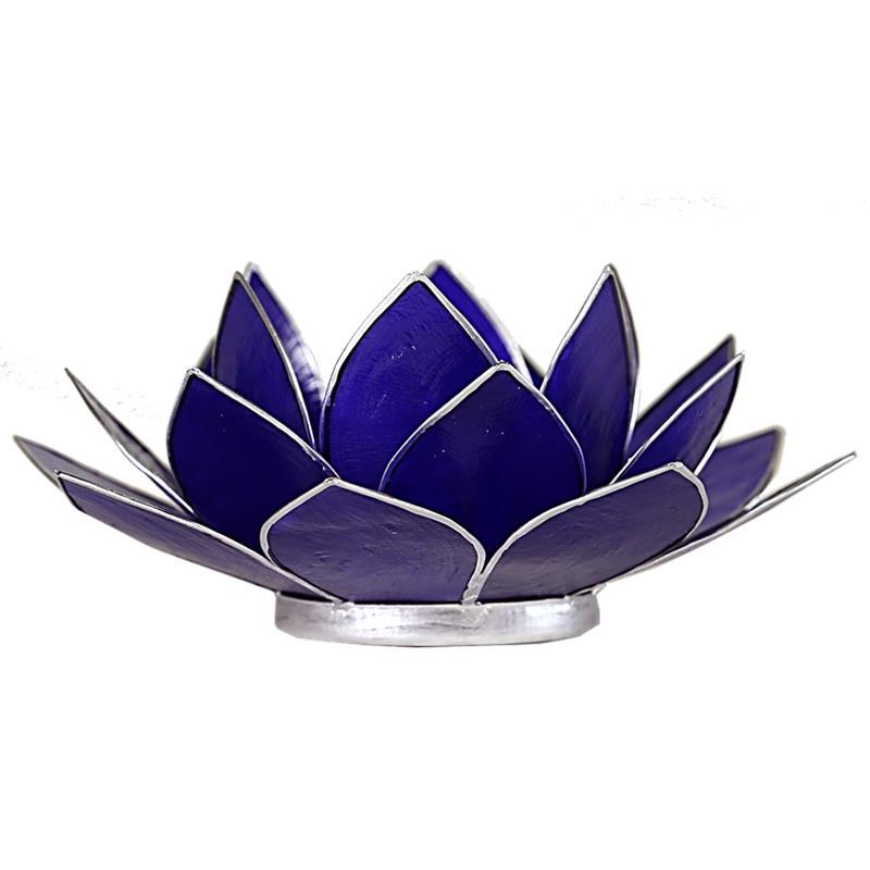 Lotus Teelichthalter indigo 6. Chakra silberfarbig