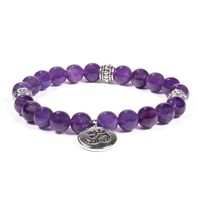 Mala/Armband Amethyst elastisch mit Om und 8 mm Kugeln