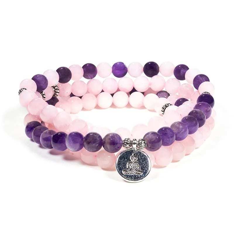 Mala Rosenquarz/Amethyst elastisch mit Buddha