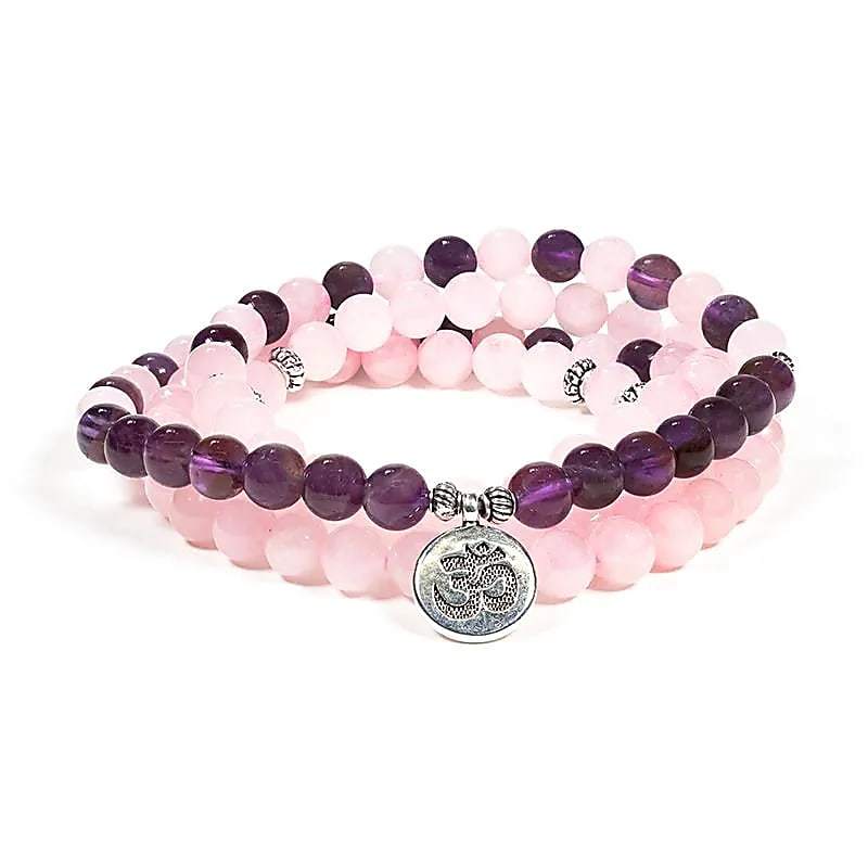 Mala Rosenquarz/Amethyst elastisch mit Om