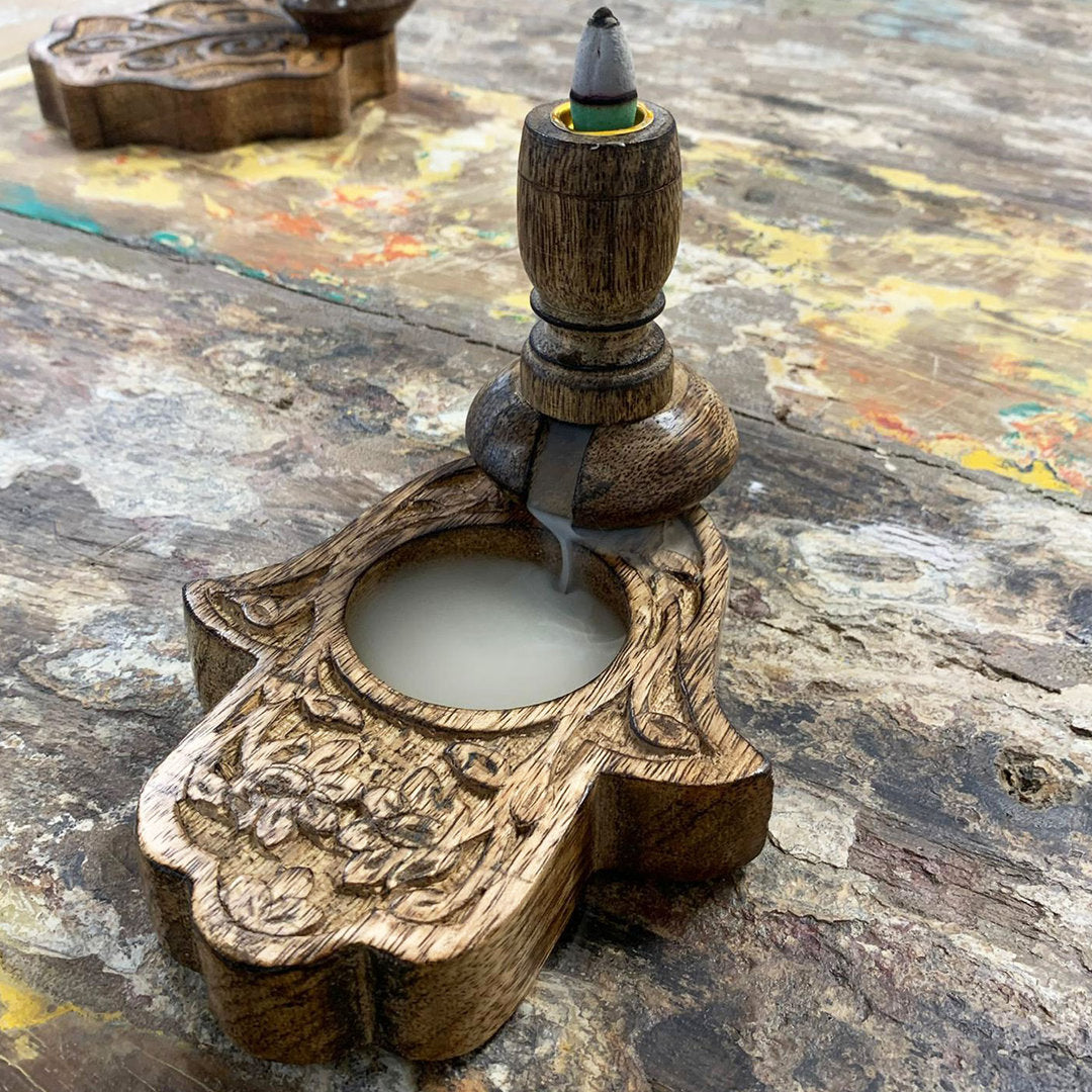 Kleiner Mango Holz Räuchergefäß - Hamsa (Backflow Burner)