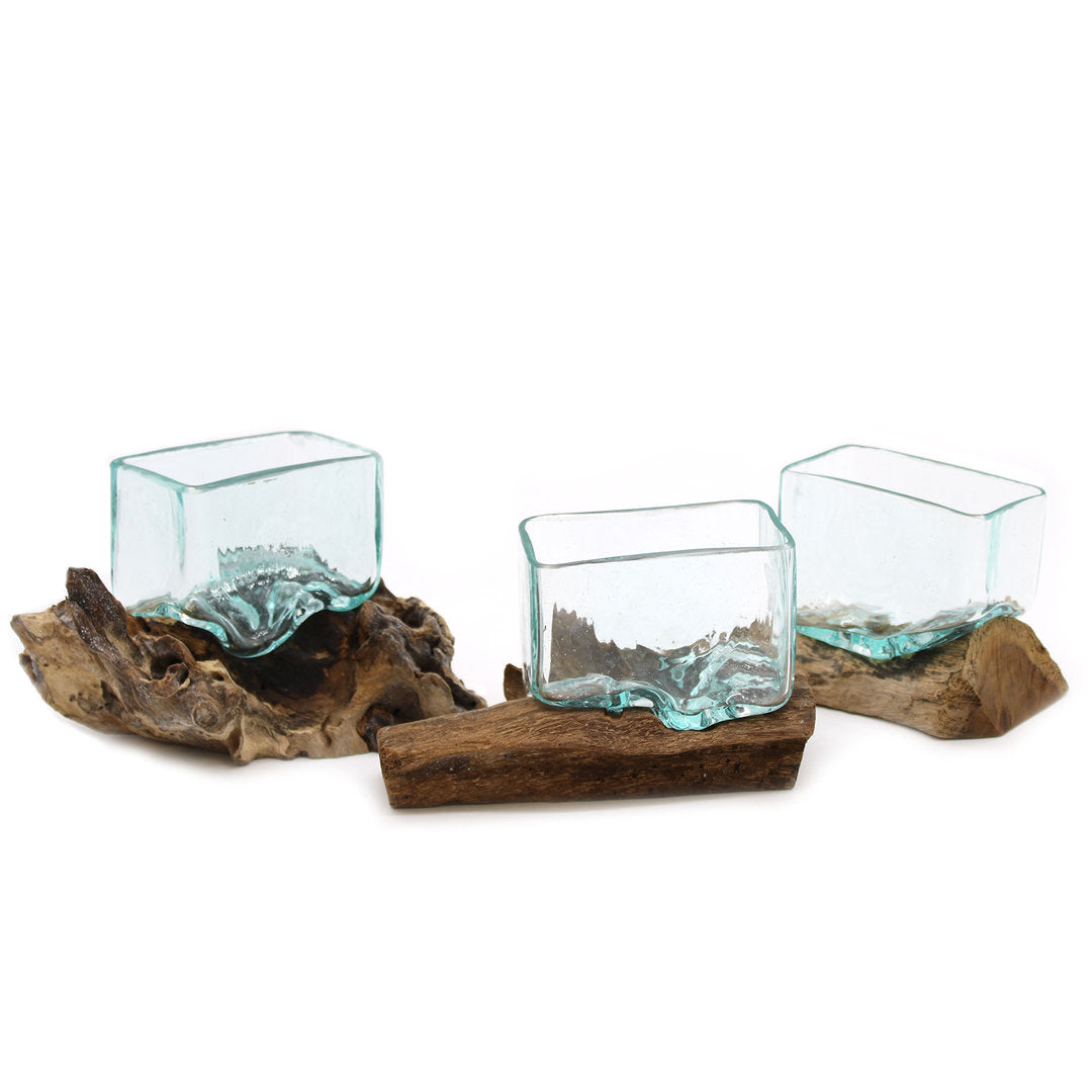 Geschmolzenes Glas auf Holz mit Ständer- Kleine Schüssel