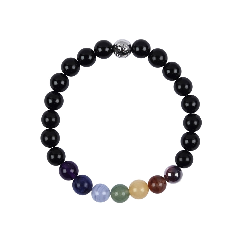 Schutz & Balance – Mala Armband Schörl (Schwarzer Turmalin) mit Chakraperlen & Silberkugel mit Om-Symbol