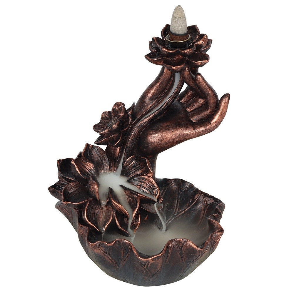 Bronze Effekt Hand mit Blumen - Räucherrückfluss-Brenner (Backflow Incense Burner)