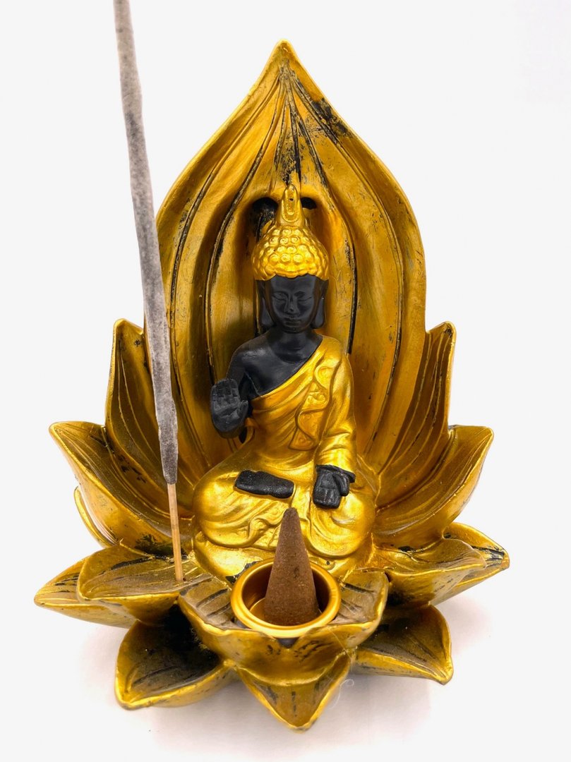Goldener tibetischer Lotus-Buddha Räucherstäbchen und Kegelhalter