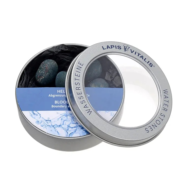 Abgrenzung und Kontrolle – Lapis-Vitalis - Heliotrop Wassersteine ca. 100 g in Metall-Geschenkdose
