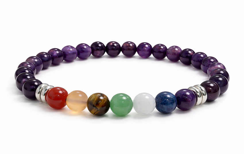 Amethyst & 7 Chakren Armband – Brasilianische Natursteine (6 mm, A-Qualität)