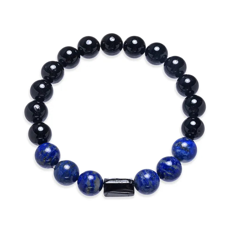 Armband Schörl (schwarzer Turmalin) & Lapis Lazuli – 10-mm Kugeln (elastisch, ca. 19 cm)