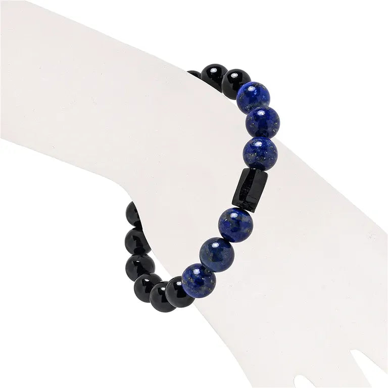 Armband Schörl (schwarzer Turmalin) & Lapis Lazuli – 10-mm Kugeln (elastisch, ca. 19 cm)