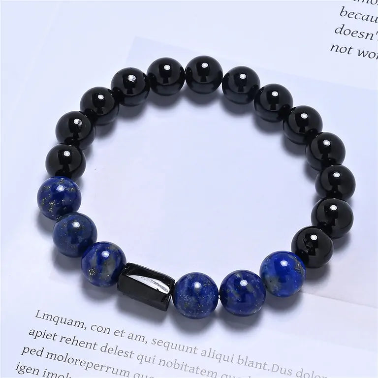Armband Schörl (schwarzer Turmalin) & Lapis Lazuli – 10-mm Kugeln (elastisch, ca. 19 cm)