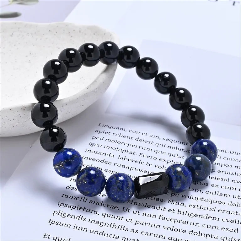Armband Schörl (schwarzer Turmalin) & Lapis Lazuli – 10-mm Kugeln (elastisch, ca. 19 cm)
