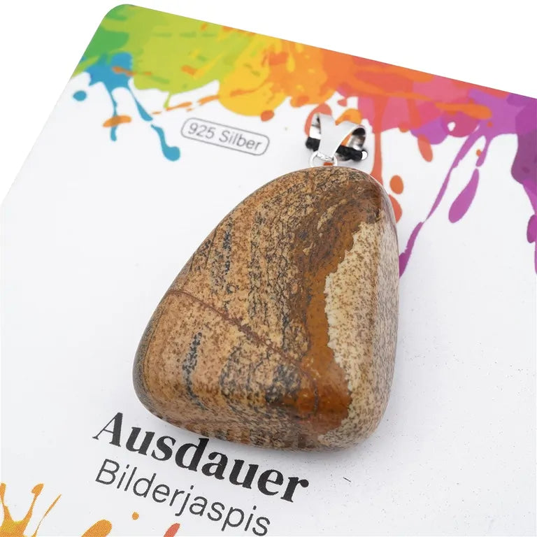 Ausdauer – Bilderjaspis Trommelstein 2,5 - 3 cm mit 925er Silber-V-Öse - groß