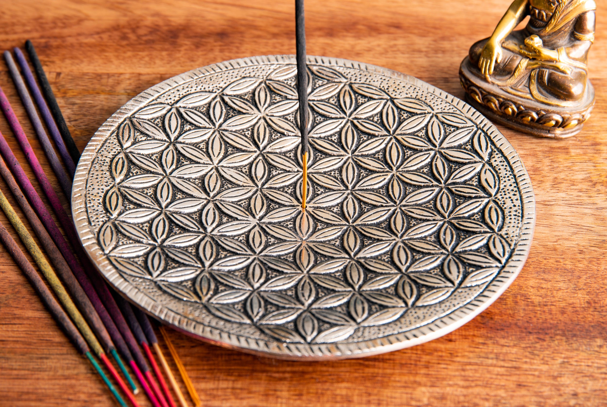 Blume des Lebens – Weißmetall – Räucherstäbchenhalter – Ø 15 cm