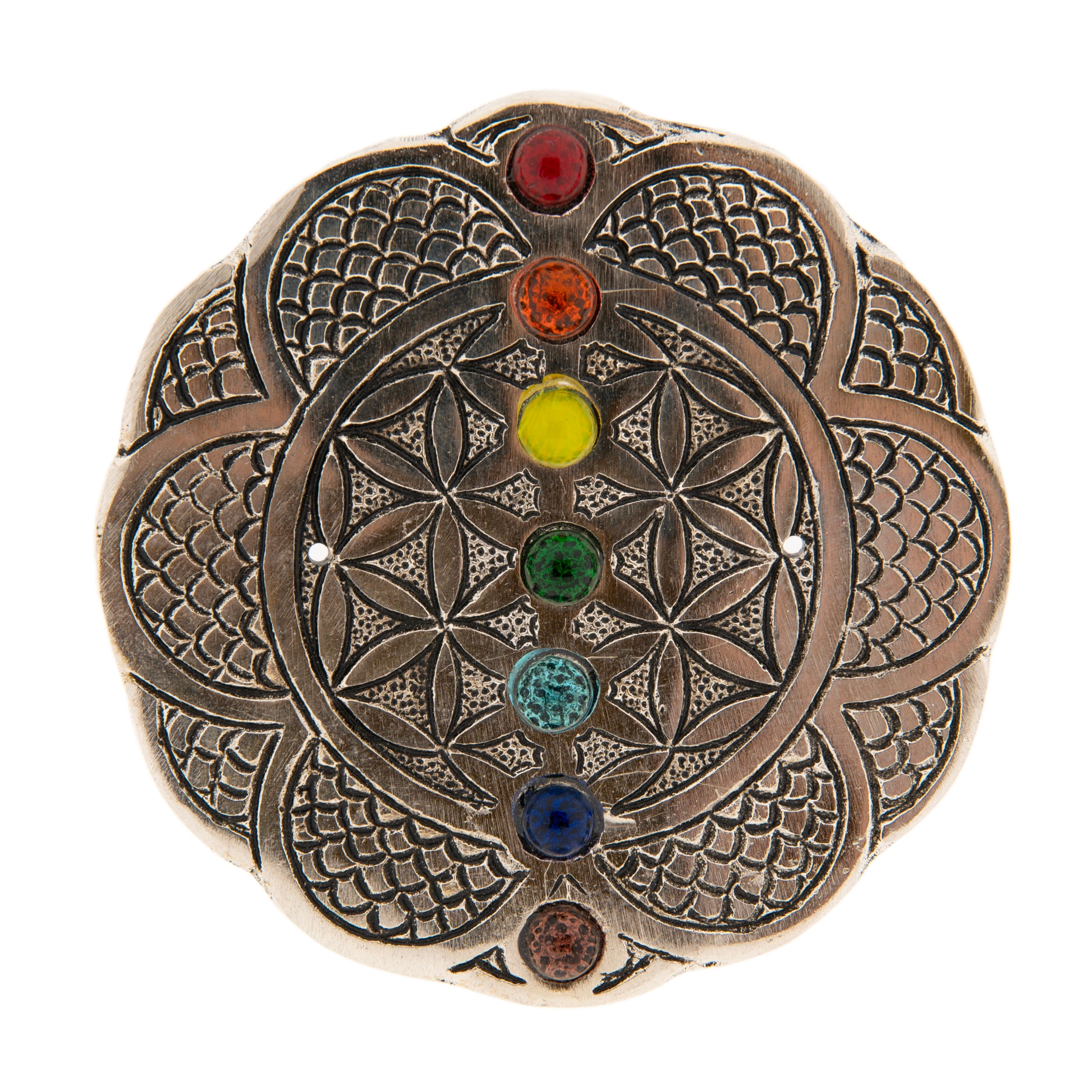 Blume des Lebens – mit Chakraglassteinchen – Weißmetall – Räucherstäbchenhalter – Ø 9 cm