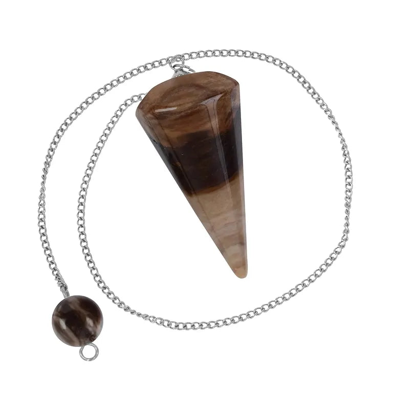 Bodenständigkeit – Pendel versteinertes Holz mit Kette & Pendel-Tafel