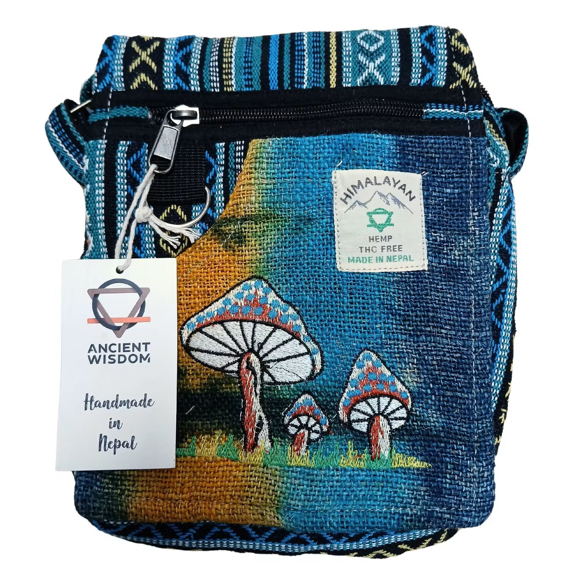 Boho Hanf-Umhängetasche „Green Mushroom“ – Handgefertigte Partytasche mit Pilz-Stickerei