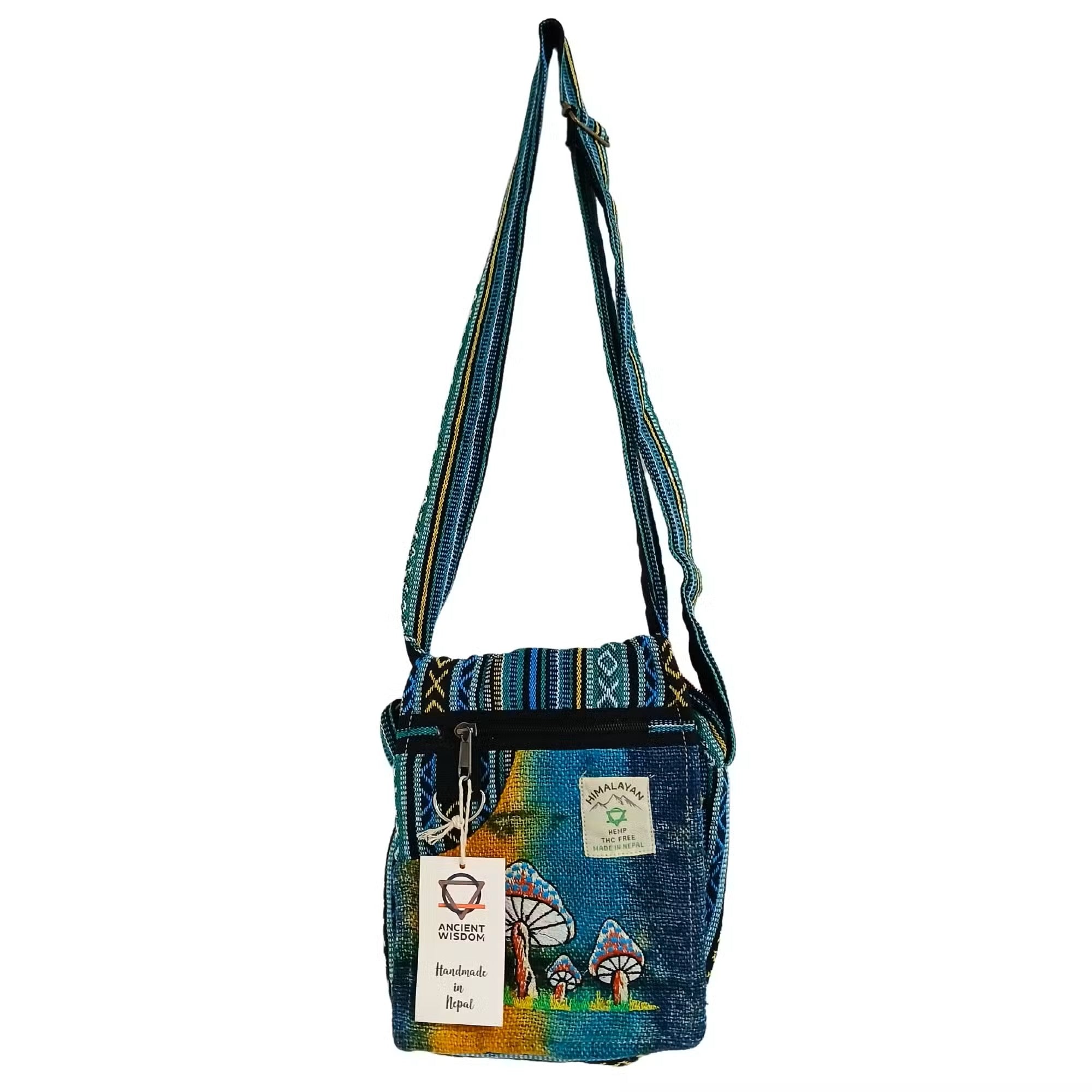 Boho Hanf-Umhängetasche „Green Mushroom“ – Handgefertigte Partytasche mit Pilz-Stickerei