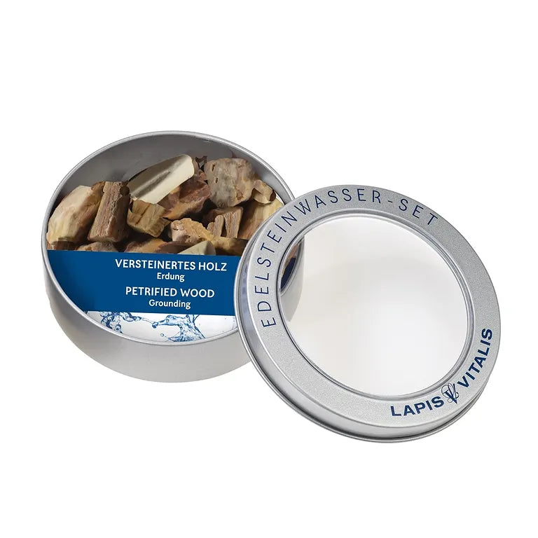 Erdung – Lapis-Vitalis - versteinertes Holz Wassersteine ca. 100 g in Metall-Geschenkdose