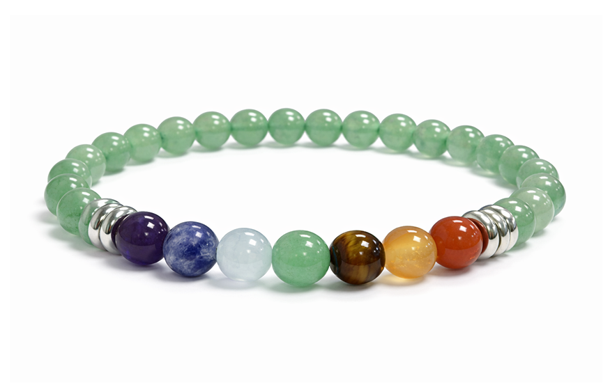 Grüner Aventurin & 7 Chakren Armband – Edelstahl-Details (6 mm, A-Qualität)