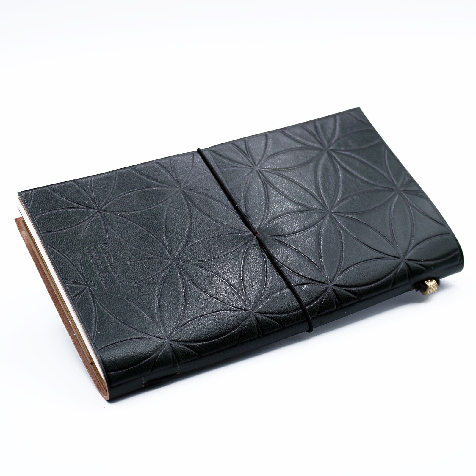 Handgemachtes Ledertagebuch „Blume des Lebens“ – Grün, 80 Seiten ca. 13 x 21,5 cm