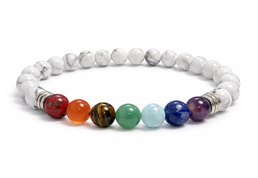 Weißer Howlith & 7 Chakren Armband – Natursteine aus Simbabwe (6 mm, A-Qualität)