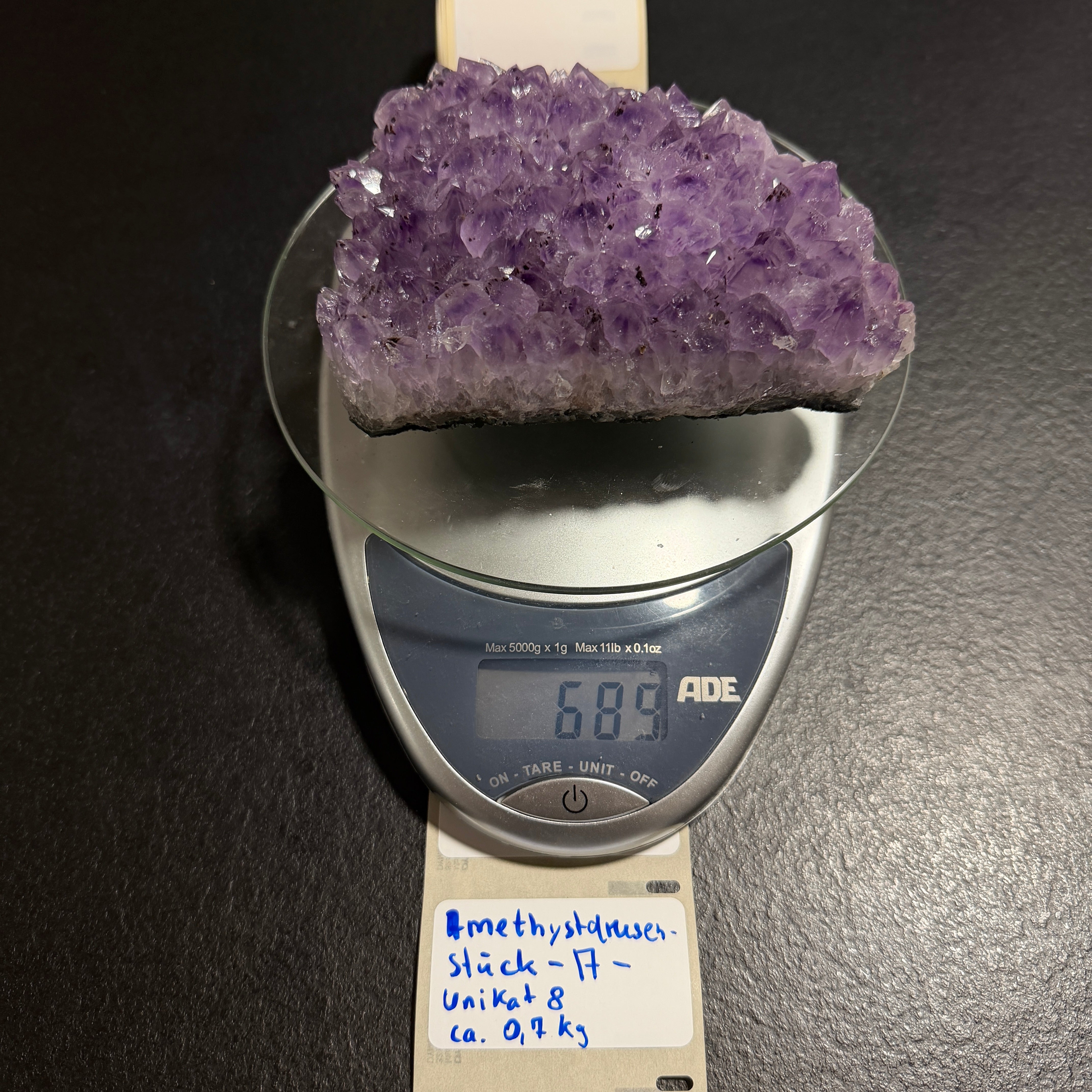 Amethyst Drusenstück Unikat 8 – A-Qualität – 689 g - Maße: 13 x 10 x 4,5 cm – Naturkristall aus Brasilien für Schutz und Klarheit