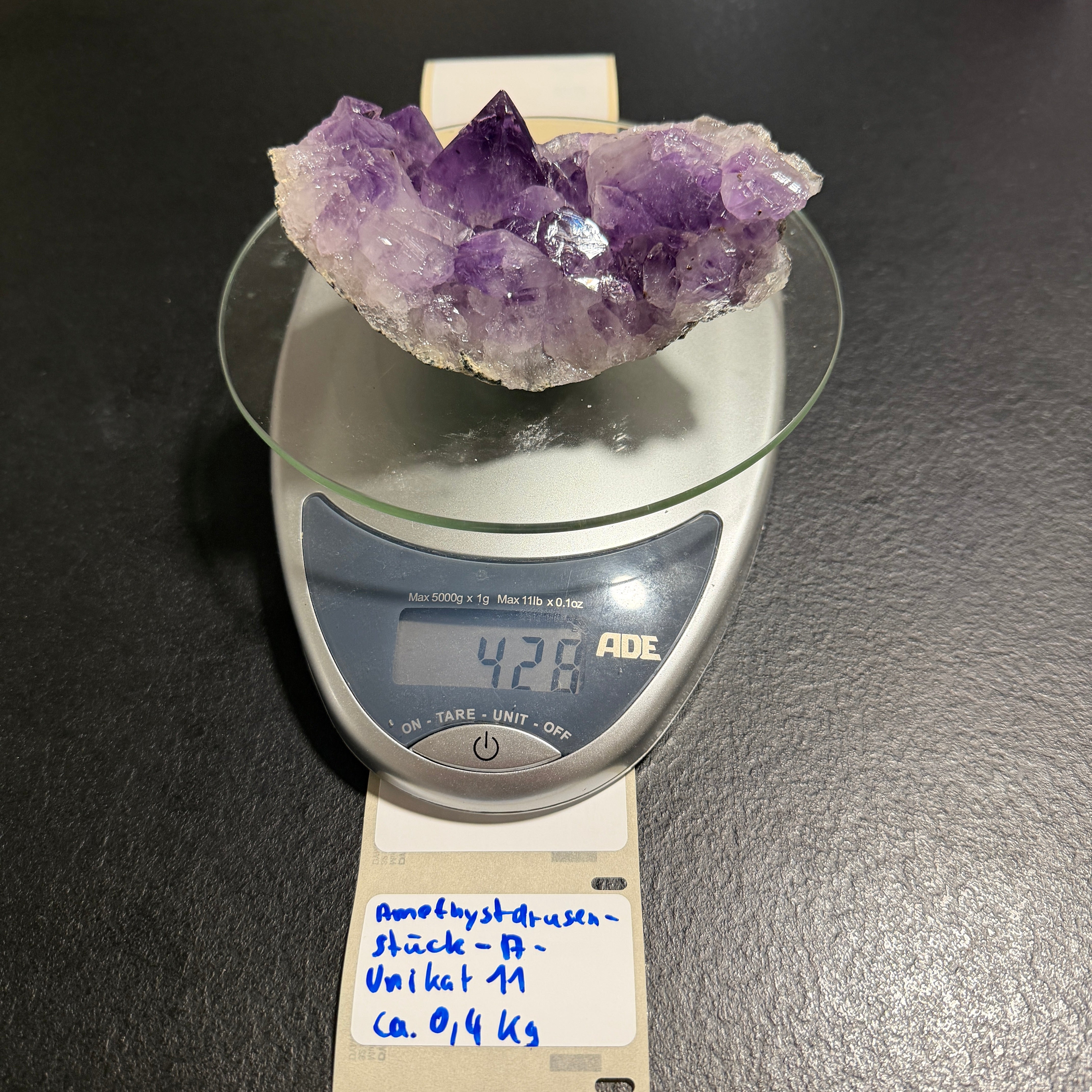 Amethyst Drusenstück Unikat 11 – A-Qualität –  428 g - Maße: 12 x 8 x 5 cm – Naturkristall aus Brasilien für Schutz und Klarheit