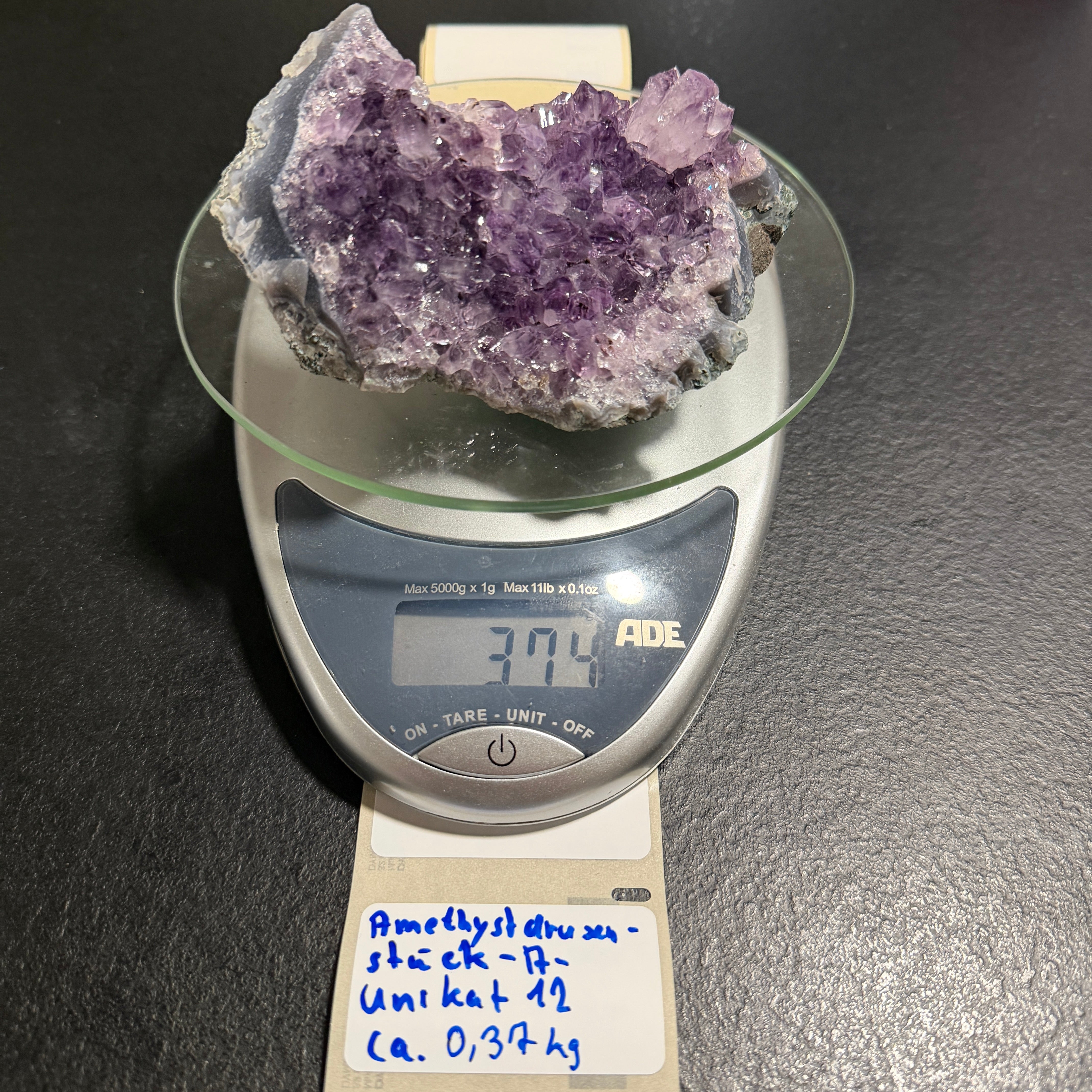 Amethyst Drusenstück Unikat 12 – A-Qualität –  374 g - Maße: 12 x 8 x 5 cm – Naturkristall aus Brasilien für Schutz und Klarheit
