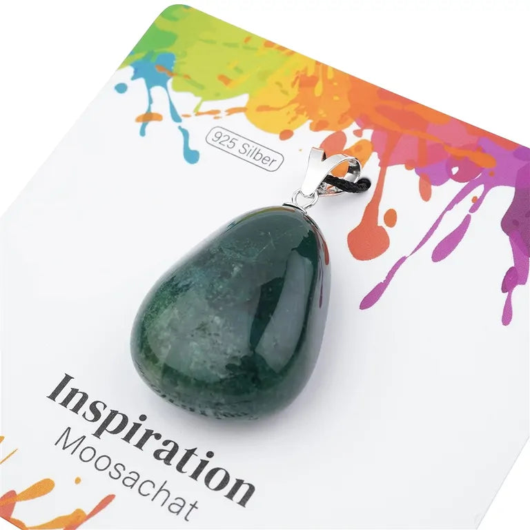 Inspiration – Moosachat Trommelstein 2,5 - 3 cm mit 925er Silber-V-Öse - groß