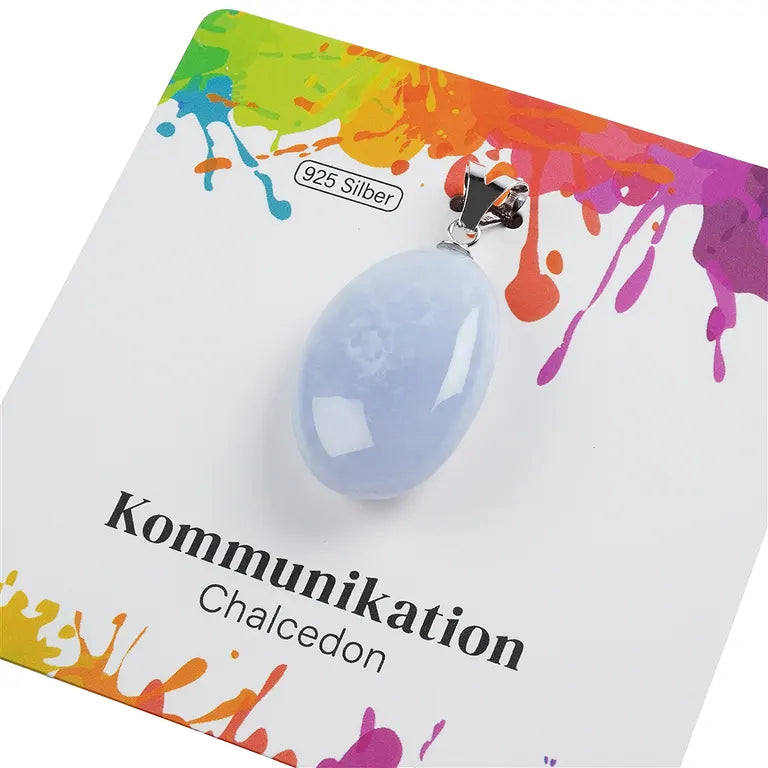 Kommunikation – Chalcedon (blau) Trommelstein 2,5 - 3 cm mit 925er Silber-V-Öse - groß