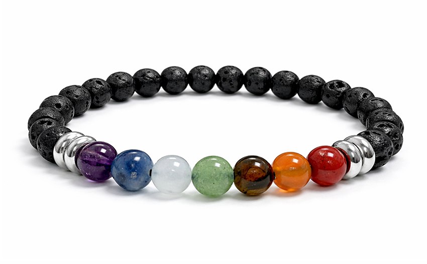Lavastein & 7 Chakren Armband – Edelstahl-Details (6 mm, A+ Qualität)