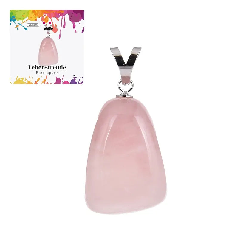 Lebensfreude – Rosenquarz Trommelstein 2,5–3 cm mit 925er Silber-V-Öse - groß