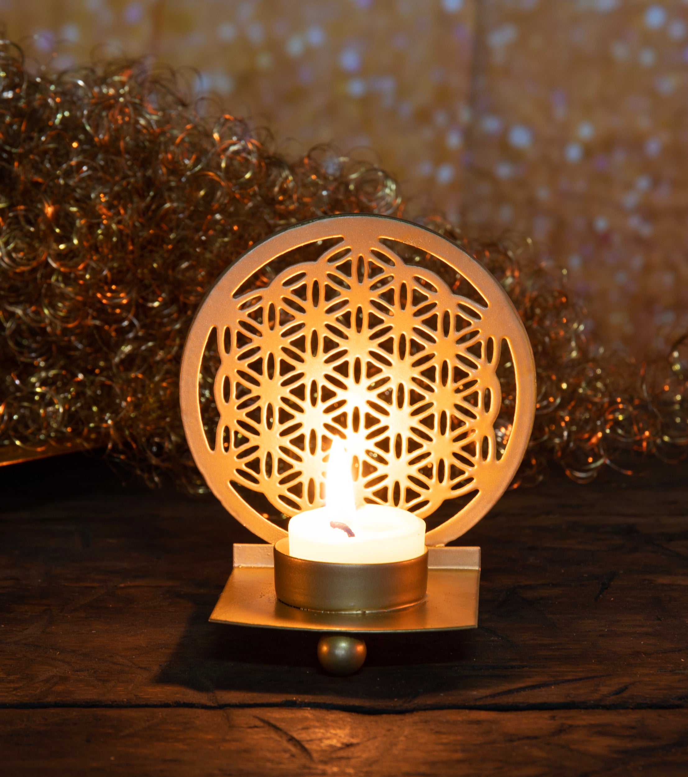 Lichtobjekt Blume des Lebens gold – Heilige Geometrie im Kerzenlicht –  Höhe 11,5 cm