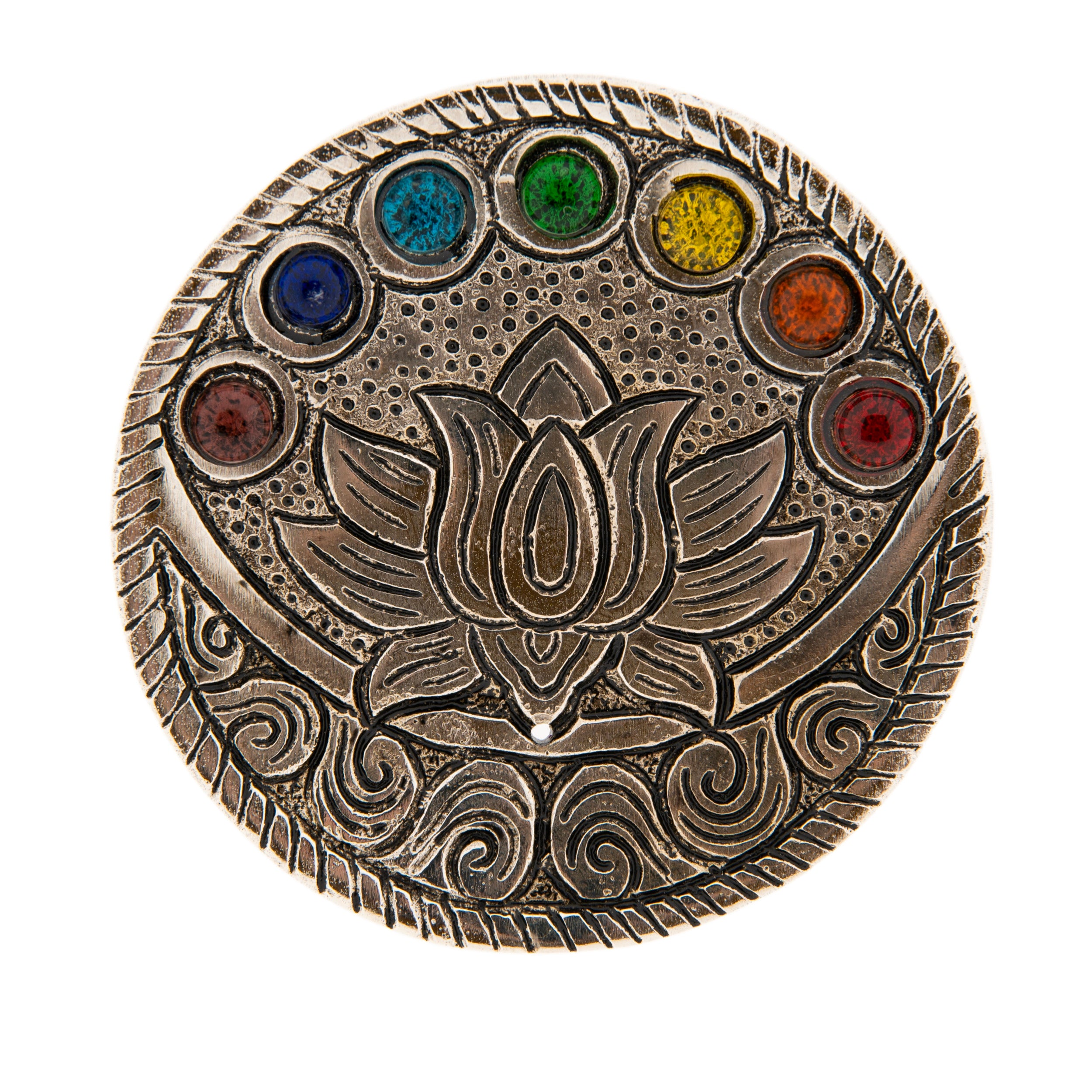 Lotusblume – mit Chakraglassteinchen – Weißmetall – Räucherstäbchenhalter – Ø 9 cm