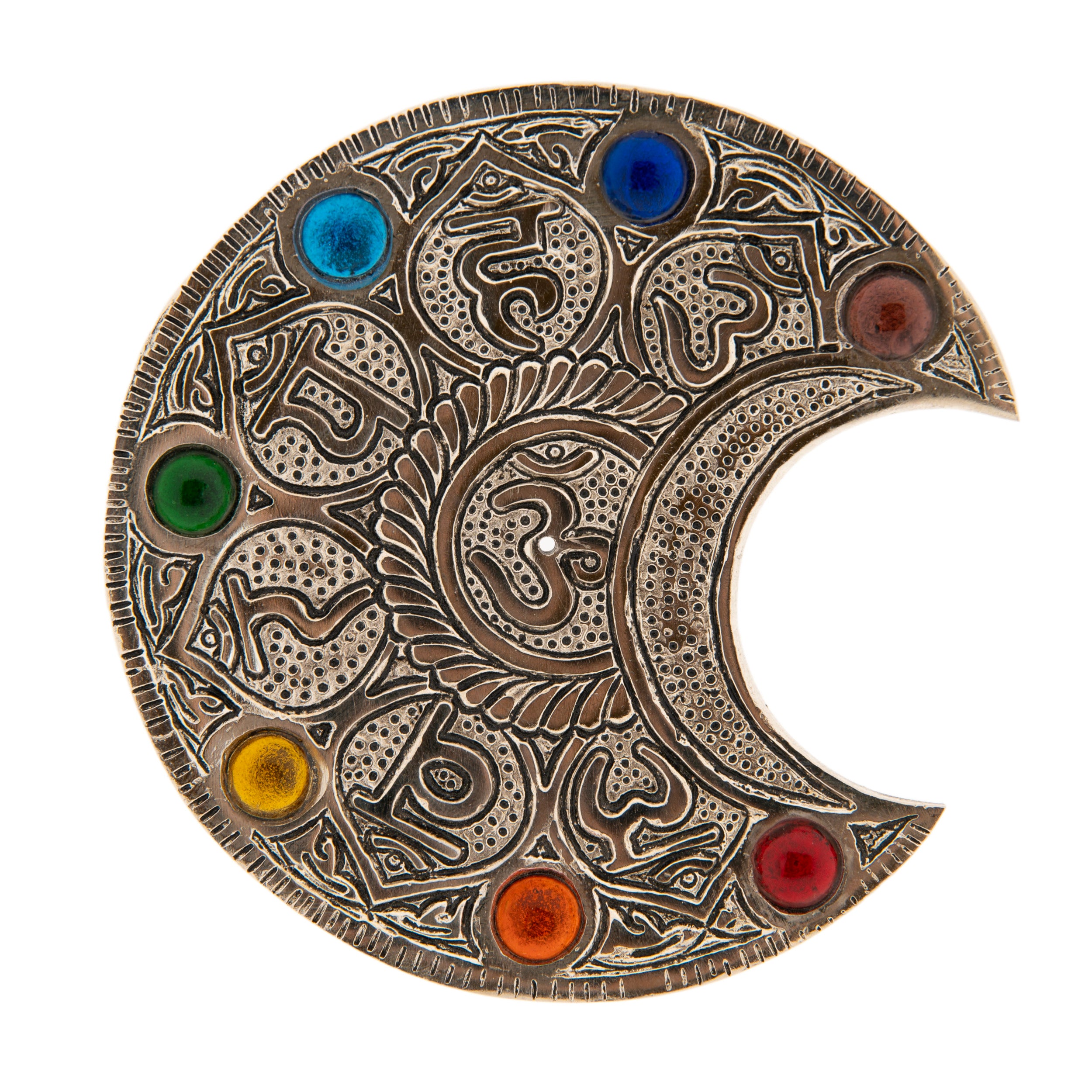 Mond mit Chakraglassteinchen & Mantra aus Weißmetall - Räucherstäbchenhalter
