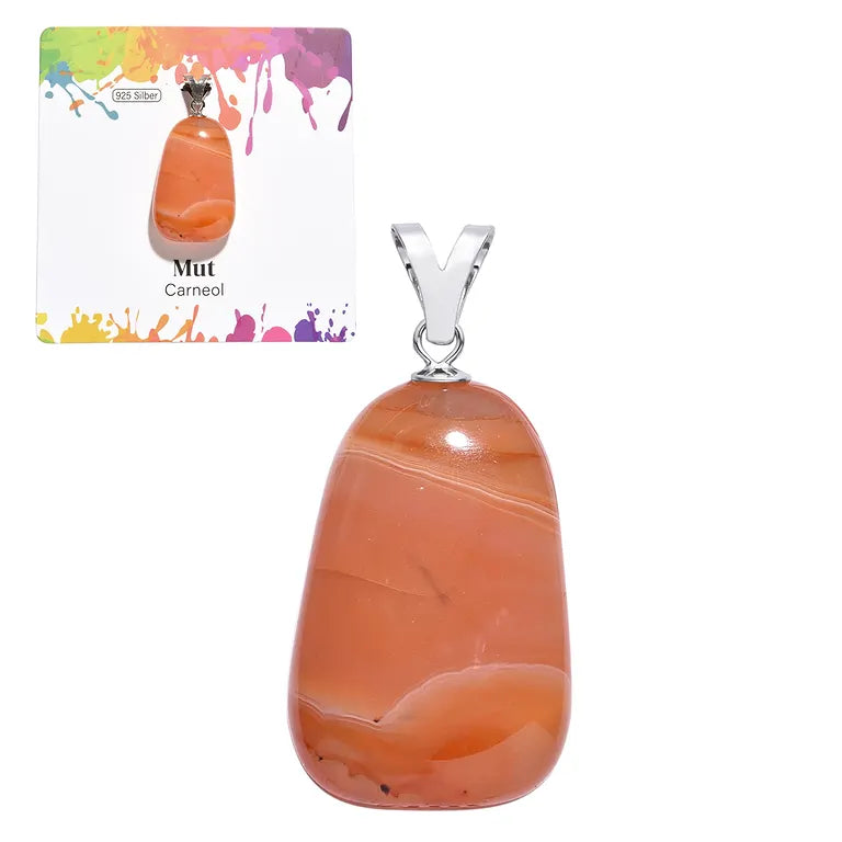Mut – Carneol (gebr.) Trommelstein 2,5–3 cm mit 925er Silber-V-Öse - groß
