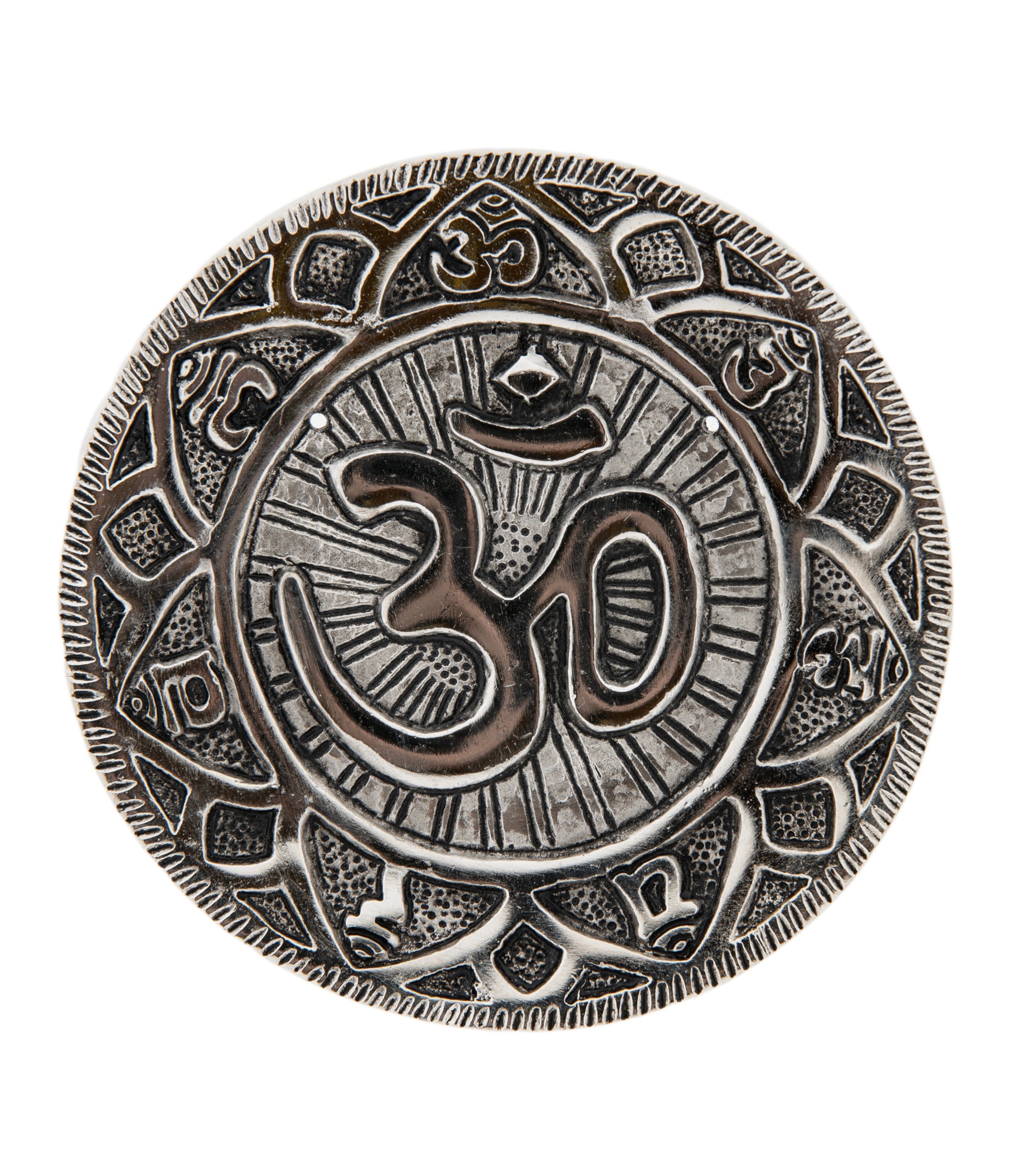 OM mit Mantra – Weißmetall – Räucherstäbchenhalter – Ø 11 cm