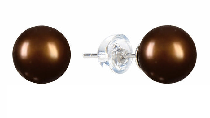 Ohrstecker Perle braun (gef.), Kugel, 6 mm 925 Silber