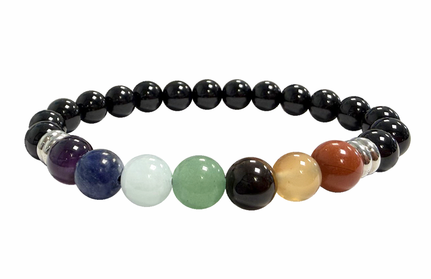 Schwarzer Onyx & 7 Chakren Armband – Brasilianische Natursteine (8 mm, A-Qualität)