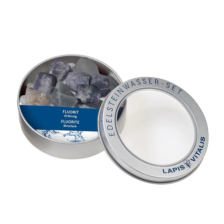Ordnung – Lapis-Vitalis - Fluorit Wassersteine ca. 100 g in Metall-Geschenkdose